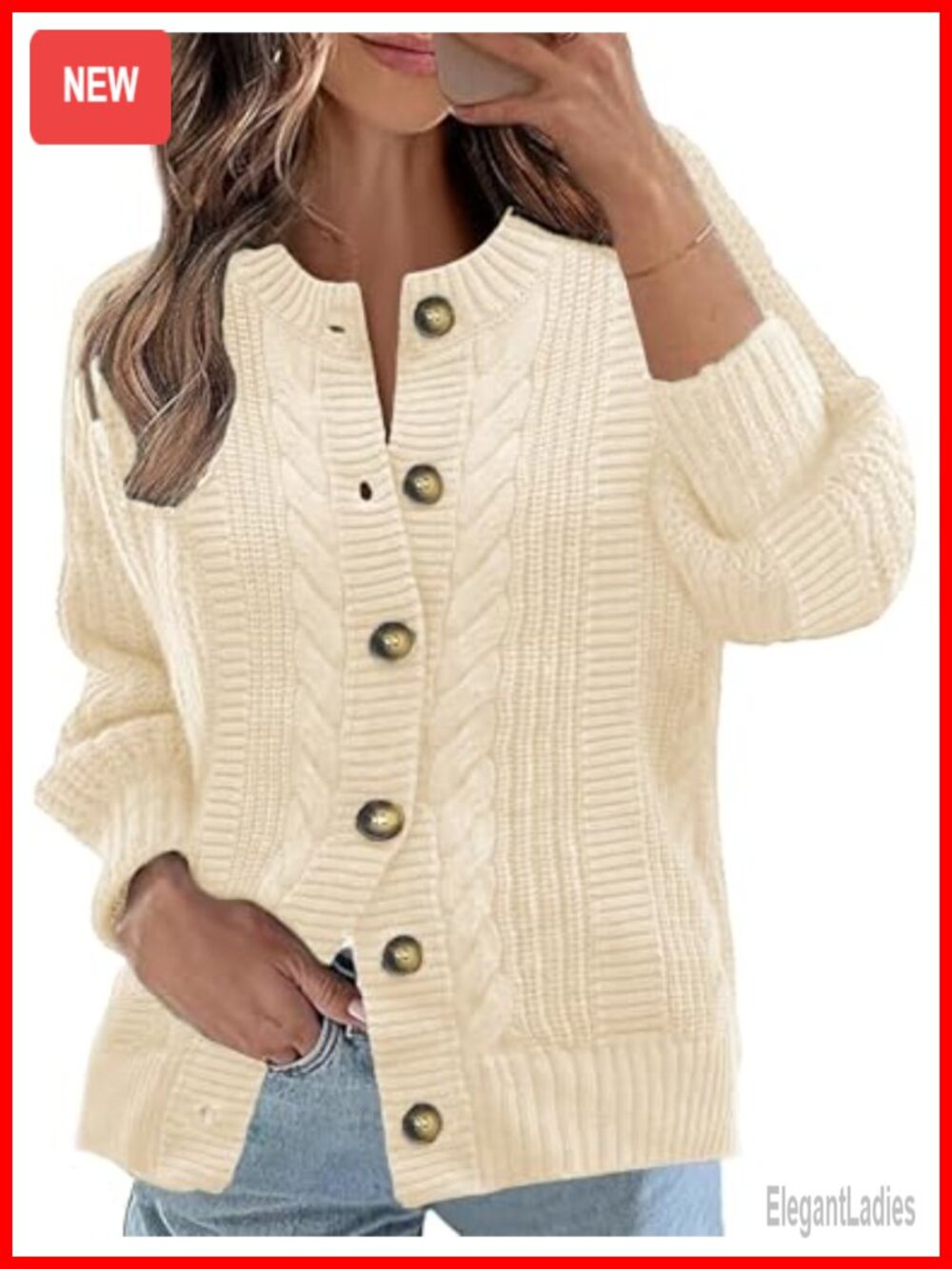 Cable Knit Cardigan Open Front Long Sleeve Button Sweater